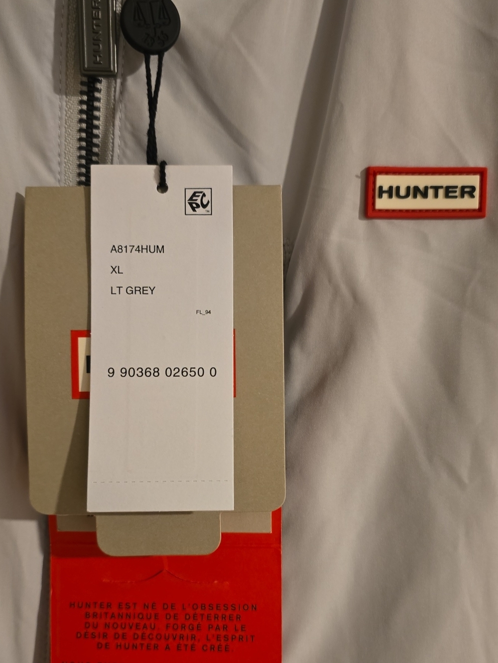 Hunter Men Moorgate Bomber Jacket Light Grey Raincoat with Red Logo Trim